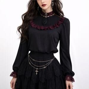 Victorian Gothic Black & Red Long Sleeves Lace Trim Blouse